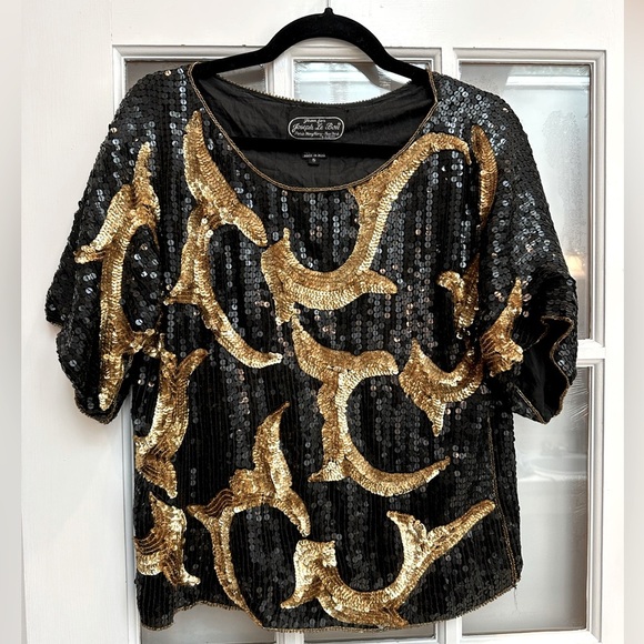 Vintage Jean For Joseph Le Bon 100% Silk Gold Black Sequined Blouse Size S - Picture 11 of 11